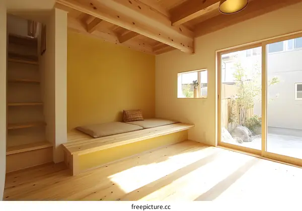 Modern Japanese Style Interior Design with Wooden Beams and Yellow Walls