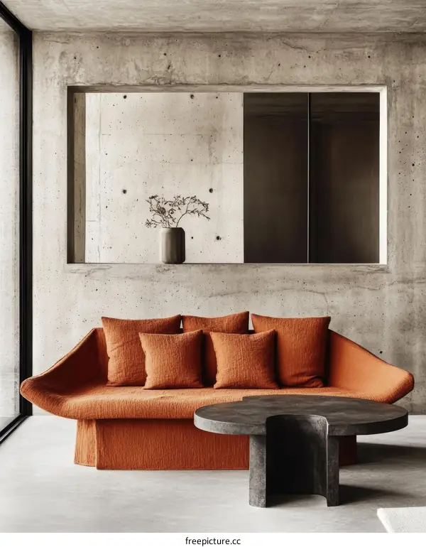 Modern Concrete Interior with Orange Sofa and Coffee Table