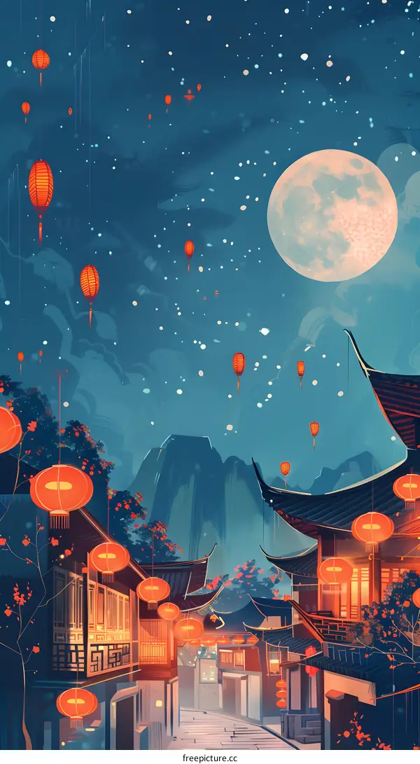 Chinese New Year Night Sky With Lanterns And Full Moon