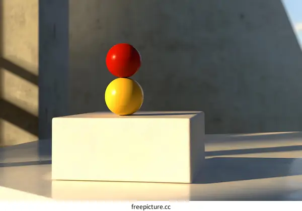 Abstract Minimalist Red and Yellow Sphere Stacked on White Cube