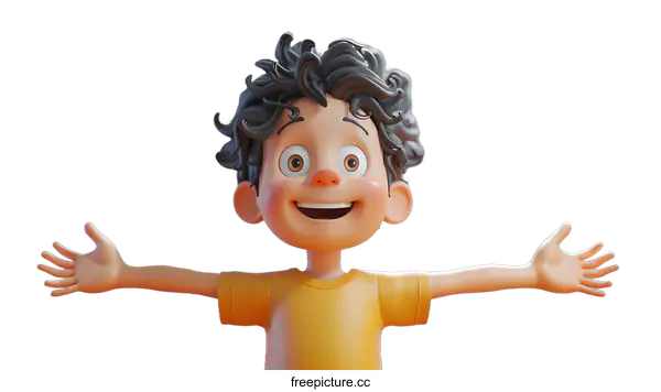 [Transparent Background PNG]3D rendering of a happy cartoon boy with curly hair and outstretched arms