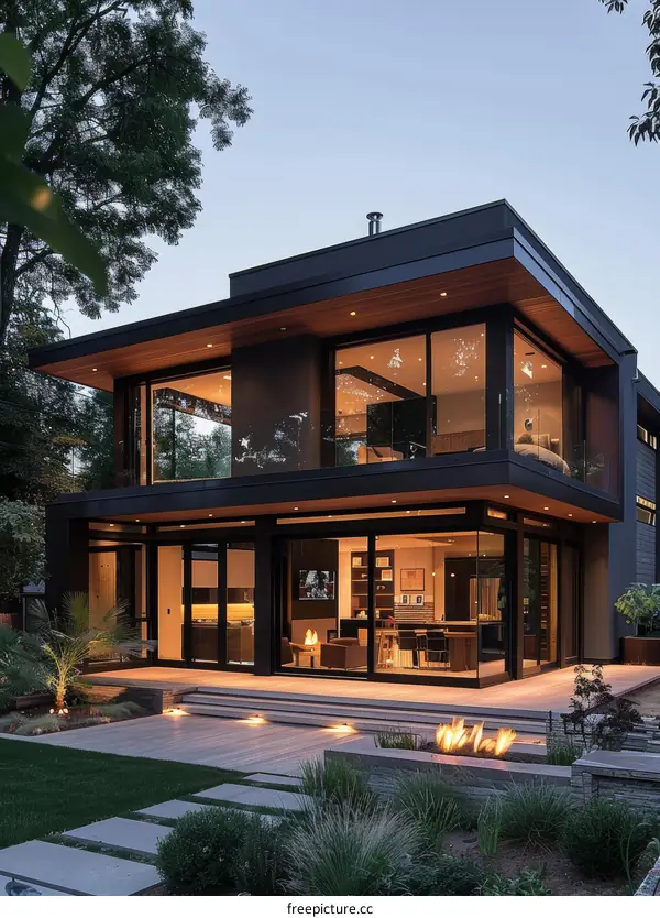 Black exterior house with large glass windows and a modern design