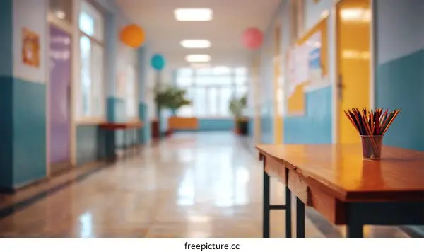 School Corridor with Colorful Stationery