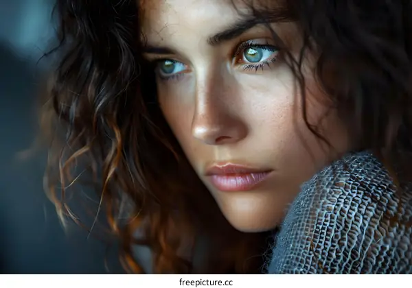 portrait of a beautiful young woman with green eyes and curly brown hair