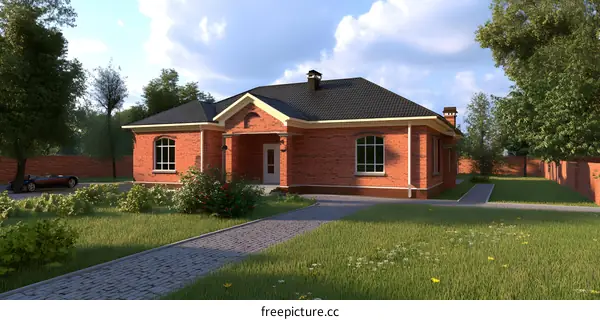 Brick House With Lush Green Grass And Blue Sky