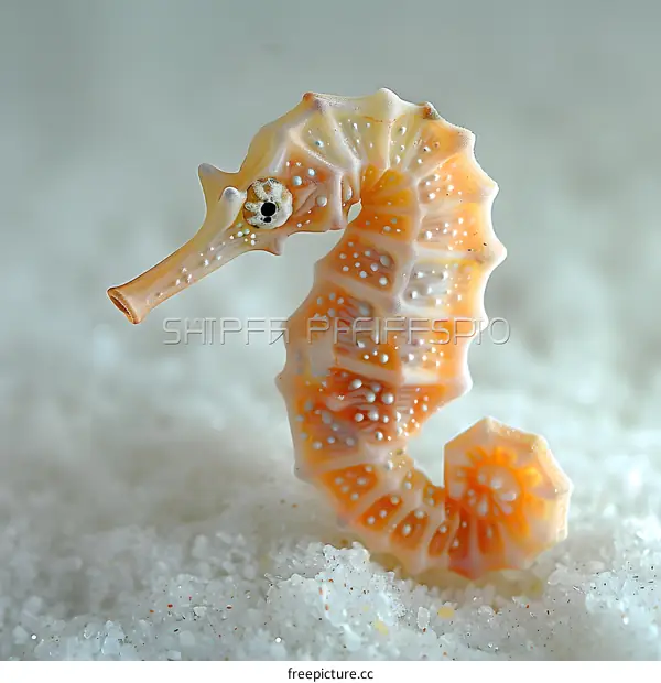 A close-up of a yellow and white seahorse on a sandy ocean floor