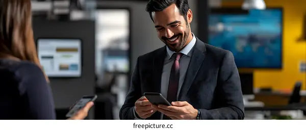 Businessman Smiling at Smartphone in Office