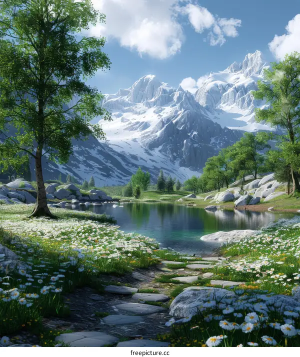 Mesmerizing Mountain Landscape with Snow-Capped Peak and Serene Lake