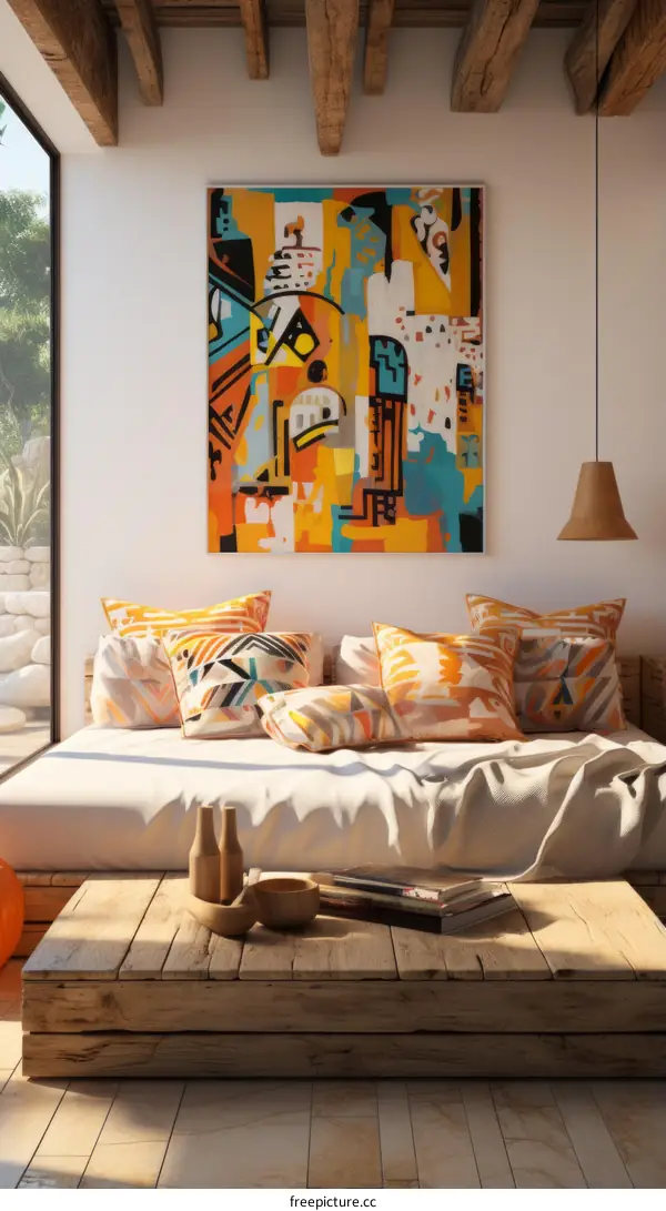 Modern and colorful painting in a cozy bedroom