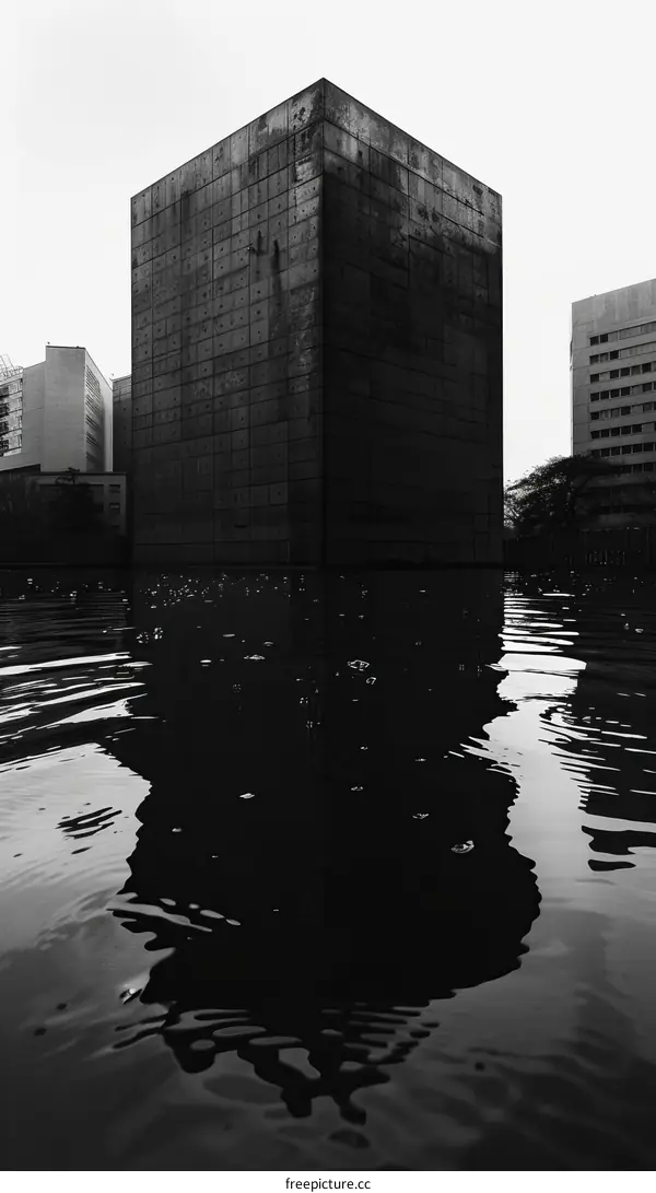 A black and white photo of a brutalist building reflecting in a pool of water