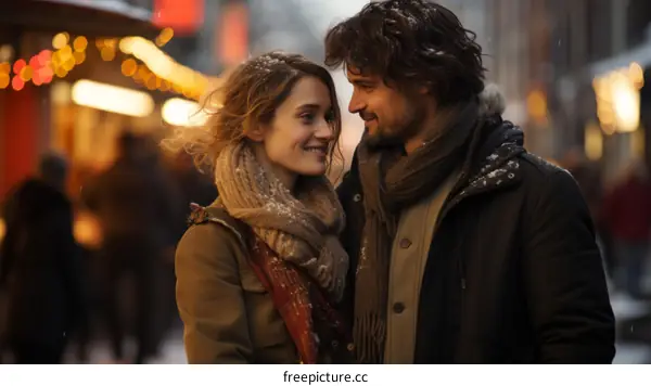 A couple is walking down a snowy street at night