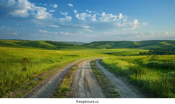 Countryside dirt road through the green hills