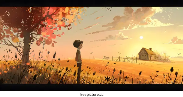 Boy Standing in a Field at Sunset
