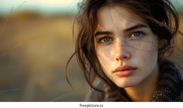 Portrait of a young woman with freckles on her face