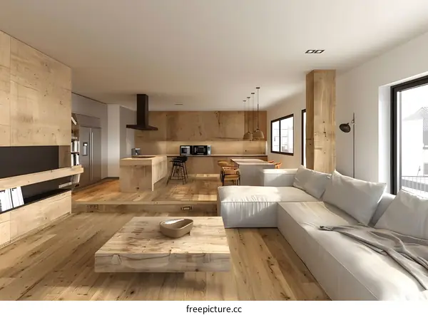 Bright, Airy Open Concept Living Space With Wood Plank Accent Wall and Large Windows