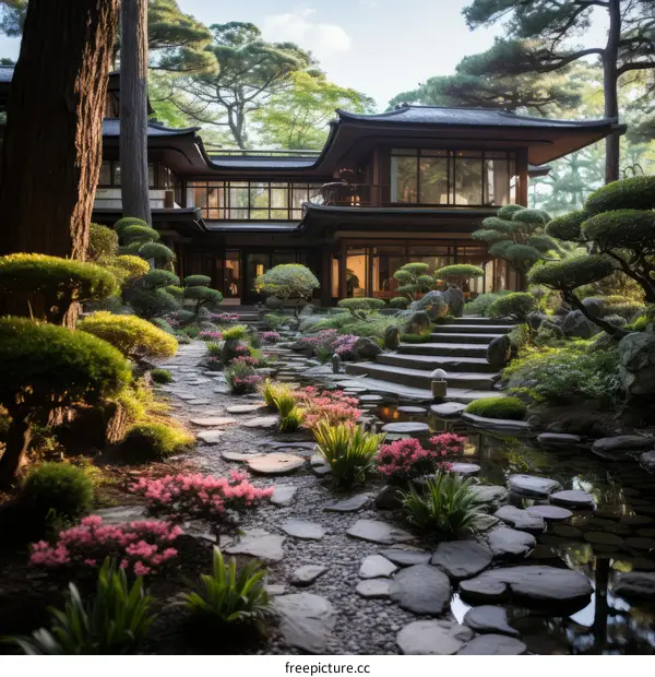 Japanese garden with traditional house