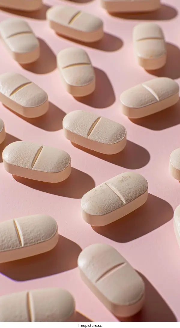 Close-up image of many white pills scattered on a pink surface