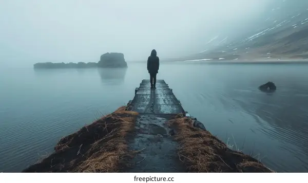 Lonely Man Standing on a Pier Overlooking a Misty Lake