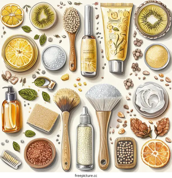 Beauty products and natural ingredients flat lay