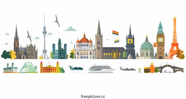 Illustrated Skyline of Famous European Cities