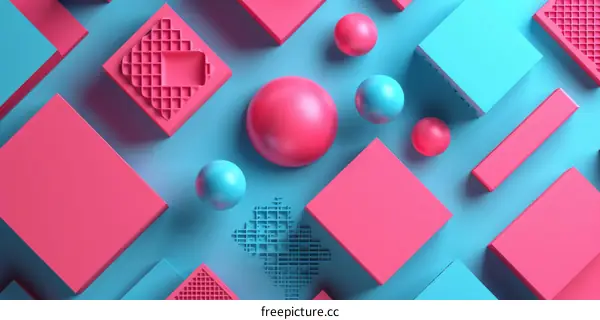 Pink and Blue Geometric Shapes on a Blue Waffle Background