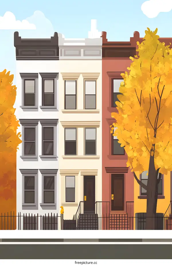 Colorful Row Houses Illustration With Autumn Tree