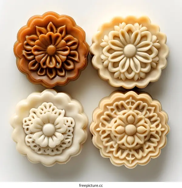 Four mooncakes with different patterns