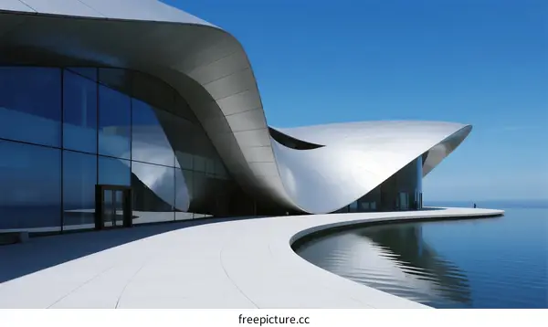 Modern Architectural Design with Curved Metal Structure by Water