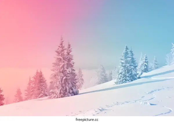 Snowy Trees on a Mountain with Pink and Blue Sky