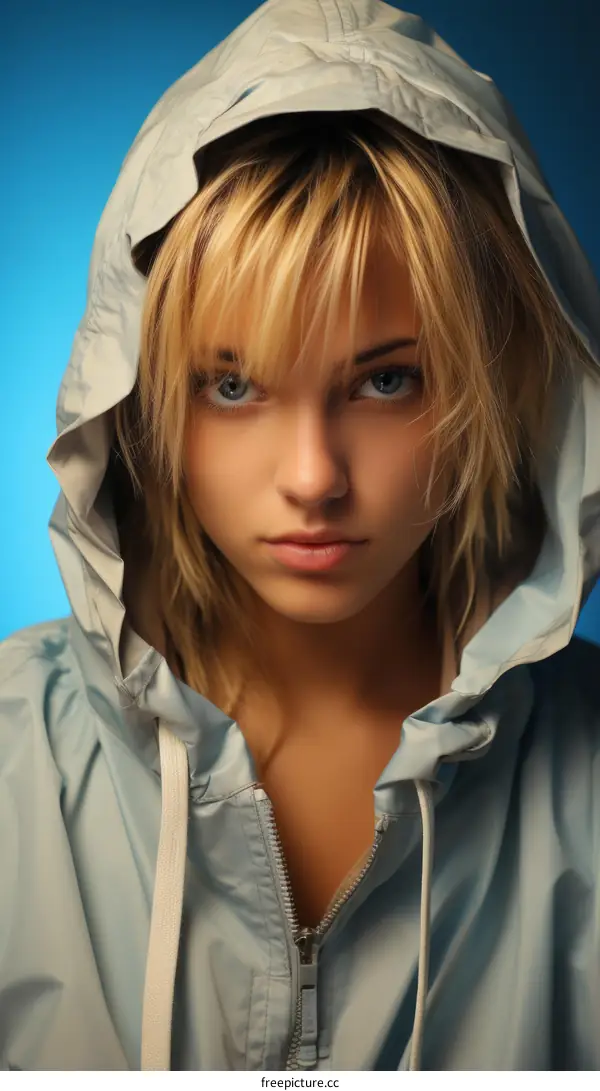 Portrait of a serious blonde woman in a blue zipped hoodie