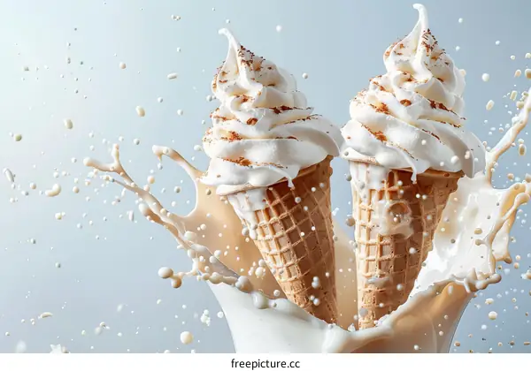 Two ice cream cones with whipped cream and chocolate sprinkles with milk splash
