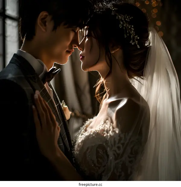 The bride and groom are kissing at their wedding.