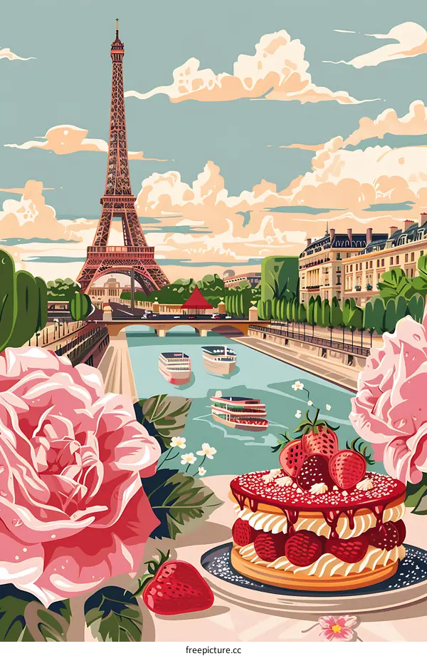 Eiffel Tower Paris Illustration with Strawberry Cake