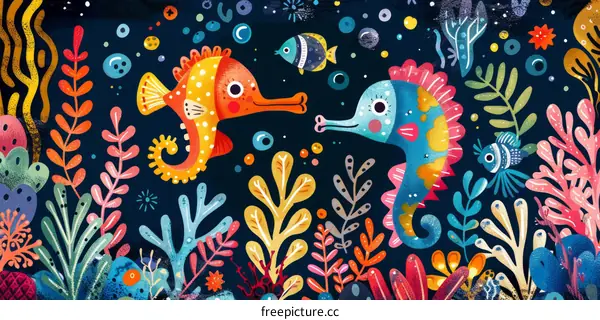 Two seahorses in a colorful coral reef