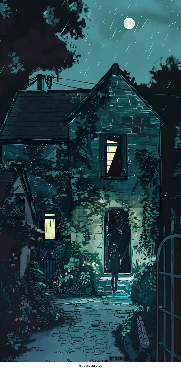 Rainy Night House Illustration