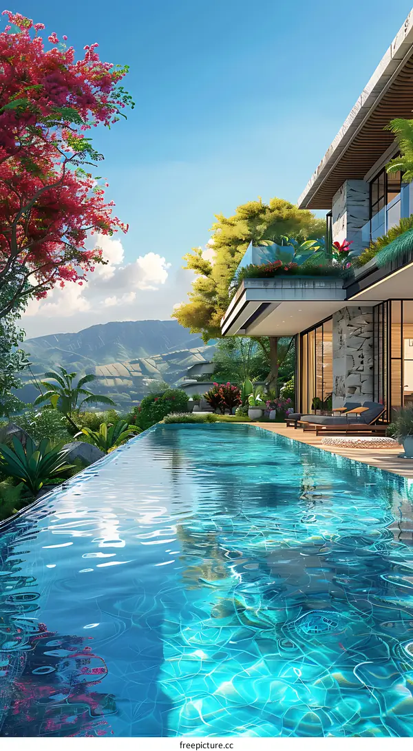 A modern house with a beautiful view of the mountains and a swimming pool