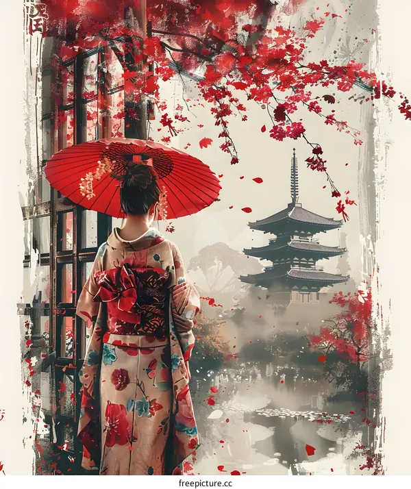 A woman in a kimono standing under a cherry blossom tree with a pagoda in the background