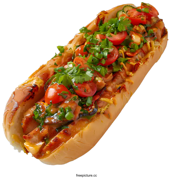 [Transparent Background PNG]A delicious hot dog with sausage, tomatoes, cucumber and parsley
