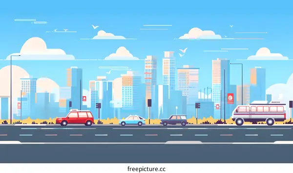 Cityscape With Cars and Buildings Illustration