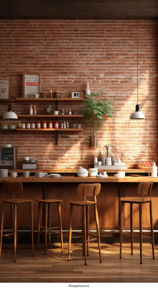 An illustration of a cafe interior with a brick wall and wooden furniture