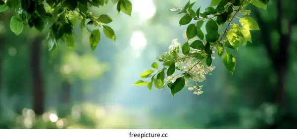 Spring Forest Scene with Sunlight and Green Leaves