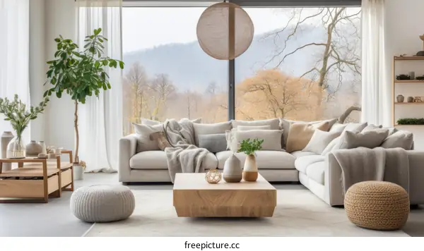 Modern living room interior with large windows and comfortable sofa