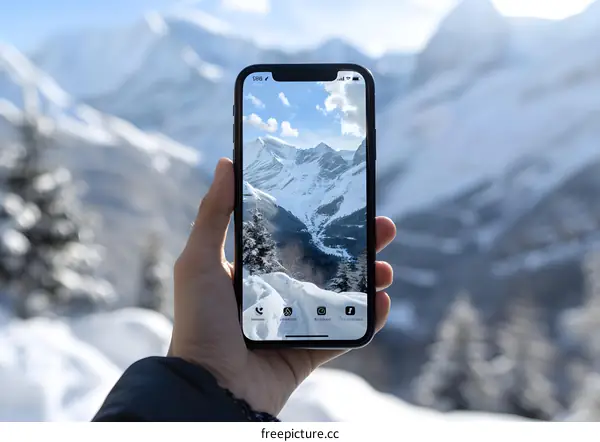 Person Holding Smartphone with Snowy Mountain Landscape