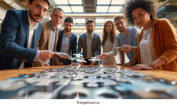 Multiethnic business team working together on jigsaw puzzle