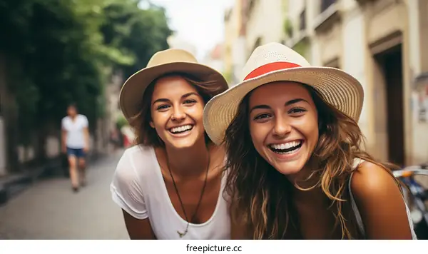 Two happy young women wearing hats and smiling
