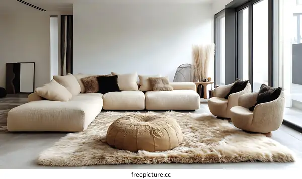 Modern Beige Living Room with Sectional Sofa and Armchairs