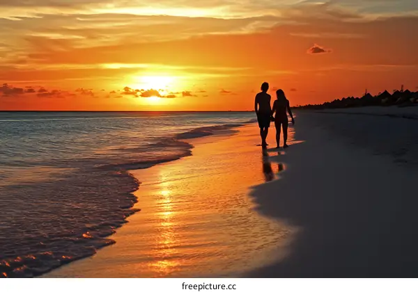 Silhouette of Couple Holding Hands Walking on Beach at Sunset