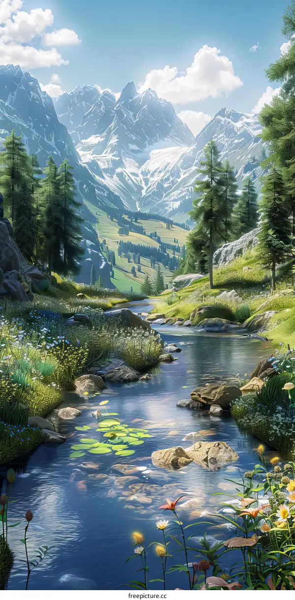 Tranquil Landscape with Majestic Mountains, Flowing River, and Colorful Flowers