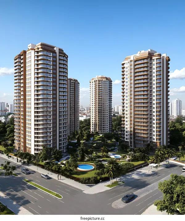 Modern Residential Building Complex with Swimming Pool and Greenery