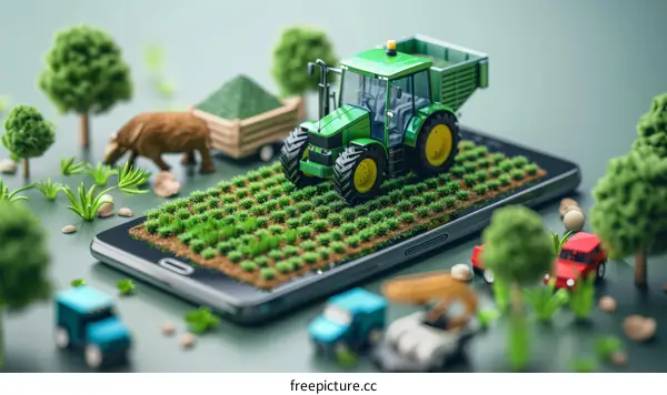 Green tractor on a smartphone with a farm scene